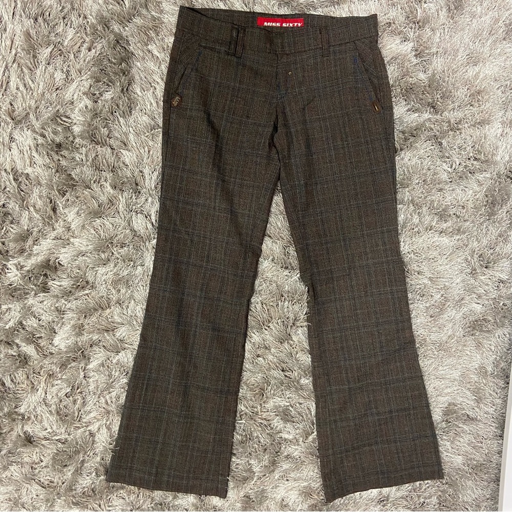 Miss Sixty women brown and blue plaid wide leg, dress pants. Size 29. Used.